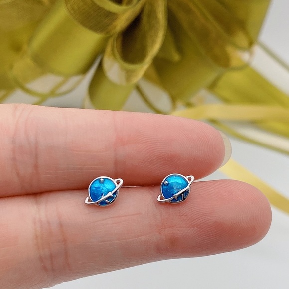 S925 planet Earth Star Studs Earrings-Blue Earrings- SS020 - Picture 4 of 9